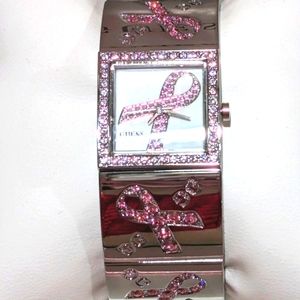 Guess breast cancer awareness pink ribbon silver bracelet watch